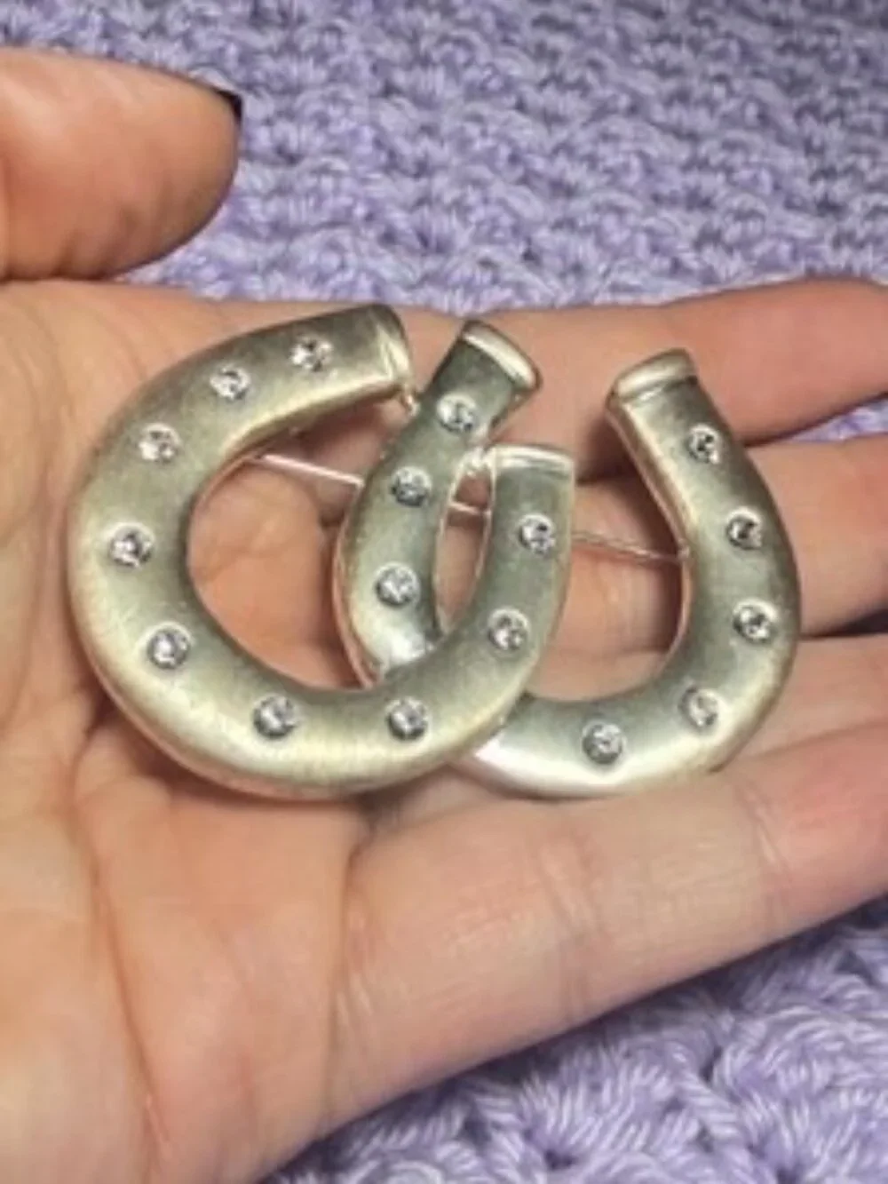 Double Horseshoe Vintage Brooch Clear Rhinestones Good Luck Pin